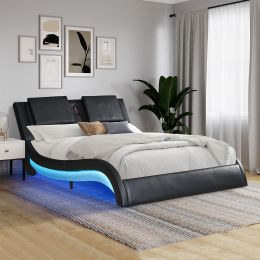 Faux Leather Upholstered Platform Bed Frame with led lighting; Bluetooth connection to play music  RGB control; Backrest vibration massage; Curve Desi (Color: Black)