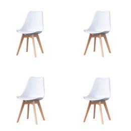 Mid Century Modern Dining Chairs, with Wood Legs, Armless Kitchen Chairs, Shell Lounge Plastic Side Chair with Soft Padded Kitchen, Dining Room, Livin (Quantity: 4, Color: White)