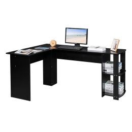 L-Shaped Wood Right-angle Computer Desk with Two-layer Bookshelves RT (Color: Black)