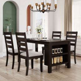 Farmhouse Wood 5-Piece Dining Table Set with 2-Tier Storage Shelves,Kitchen Set for 4 with Padded Dining Chairs (Color: Espresso)