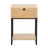 Nightstand with Rattan Drawer, End Table with Bottom Shelf, Modern Side Collection for Bedroom Living Room Office