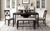 6-Piece Kitchen Dining Table Set Wooden Rectangular Dining Table, 4 Fabric Chairs and Bench Family Furniture