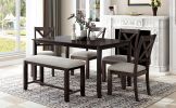 6-Piece Kitchen Dining Table Set Wooden Rectangular Dining Table, 4 Fabric Chairs and Bench Family Furniture