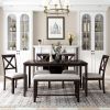 6-Piece Kitchen Dining Table Set Wooden Rectangular Dining Table, 4 Fabric Chairs and Bench Family Furniture